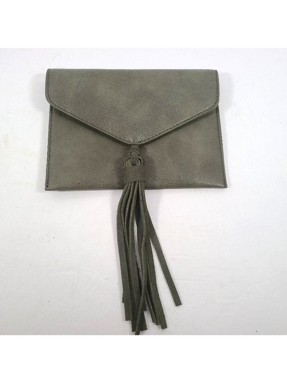 Anthropologie Tassel Envelope Clutch Bag Green Leather Boho Perforated Stitched